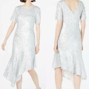 Adrianna Papell Plus Size Asymmetrical Hem Silver Sequin Dress